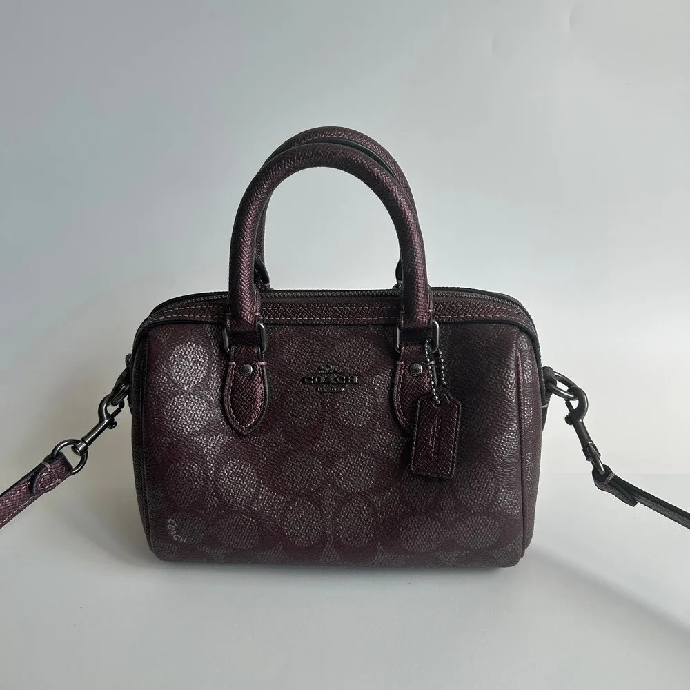 Coach Mini Rowan Satchel Metallic Burgundy Signature Canvas Crossbody Bag CX186